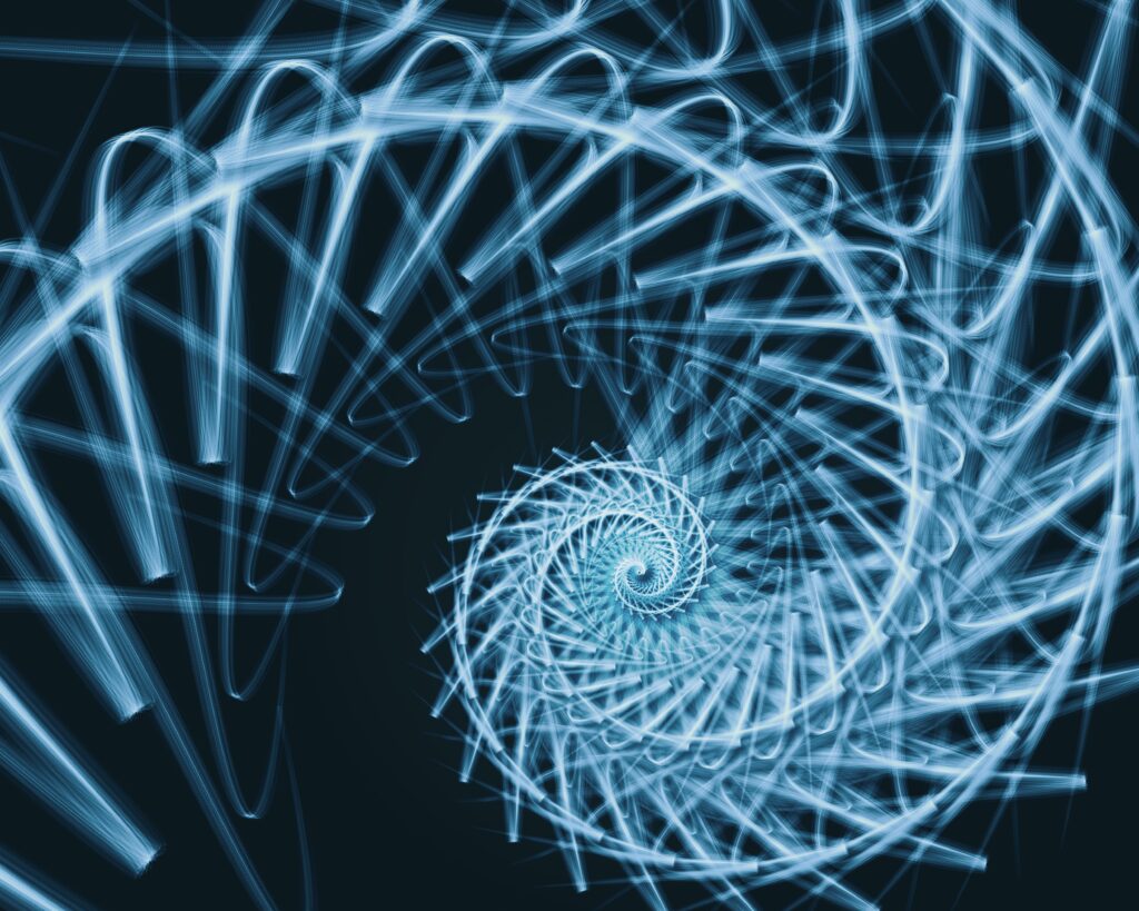 A spiral of light is shown in blue.